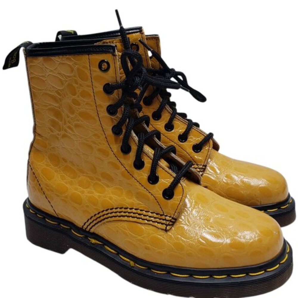 Dr Martens Gold Yellow Faux Crocodile Pattern Leather Lace Up Boots